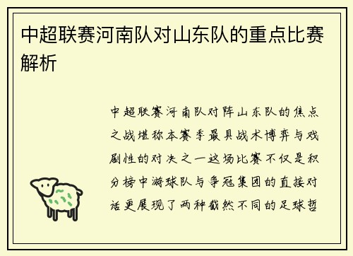 中超联赛河南队对山东队的重点比赛解析