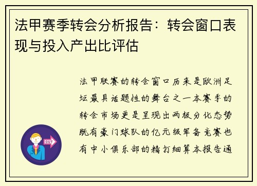 法甲赛季转会分析报告：转会窗口表现与投入产出比评估