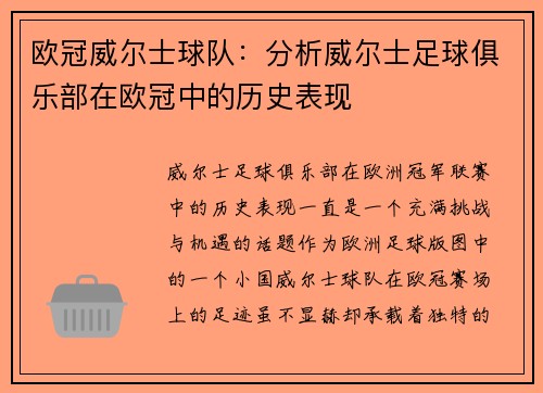 欧冠威尔士球队：分析威尔士足球俱乐部在欧冠中的历史表现